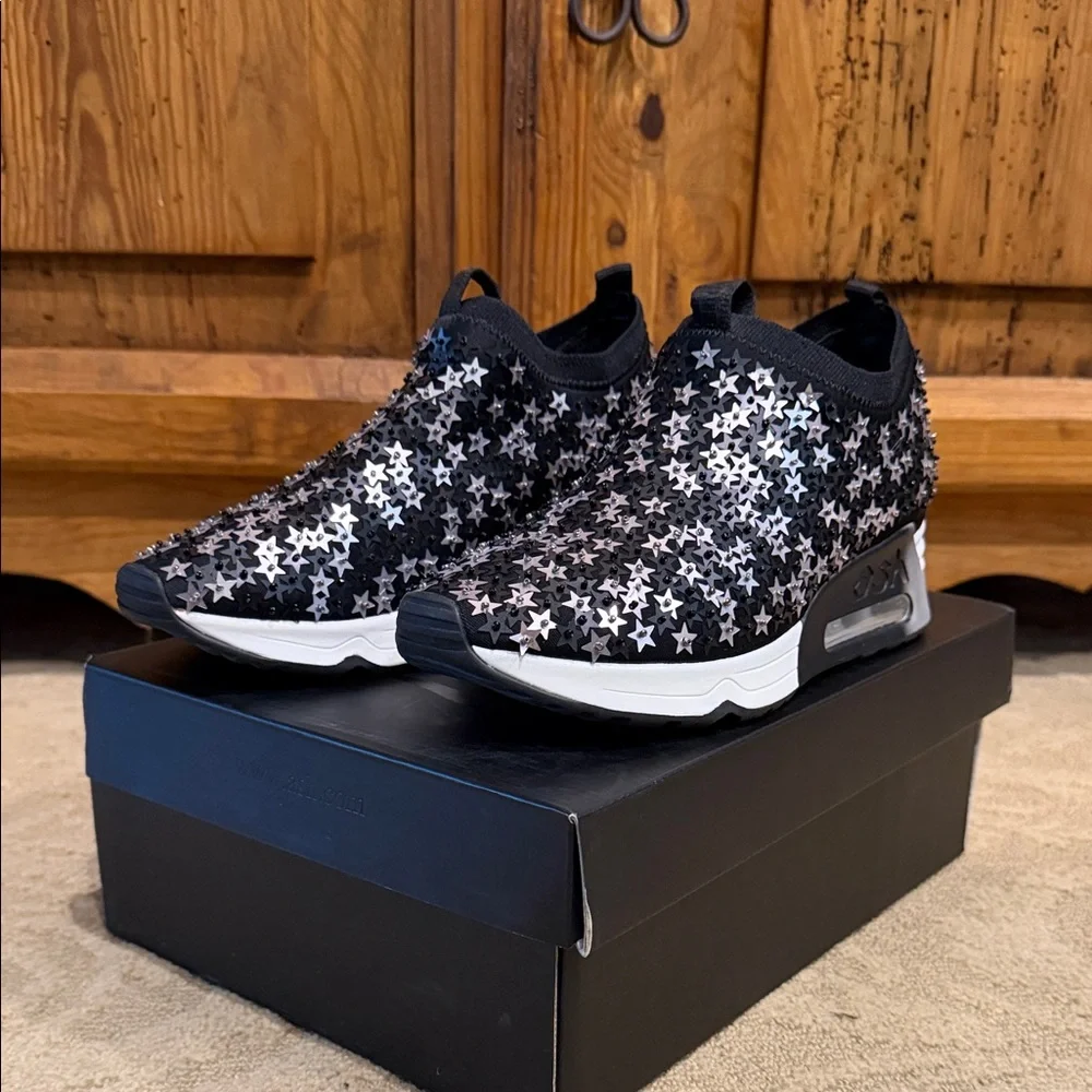 Ash Lightning Star Slip On Wedge Sneakers Black and Silver - Picture 2 of 10